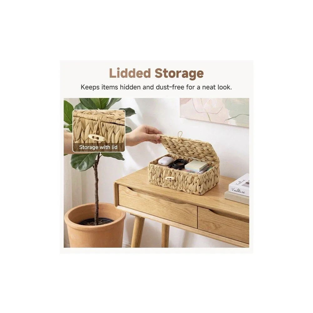 Extra Small Wicker Storage Basket with Lid Hyacinth Woven Shelf Organizer Basket